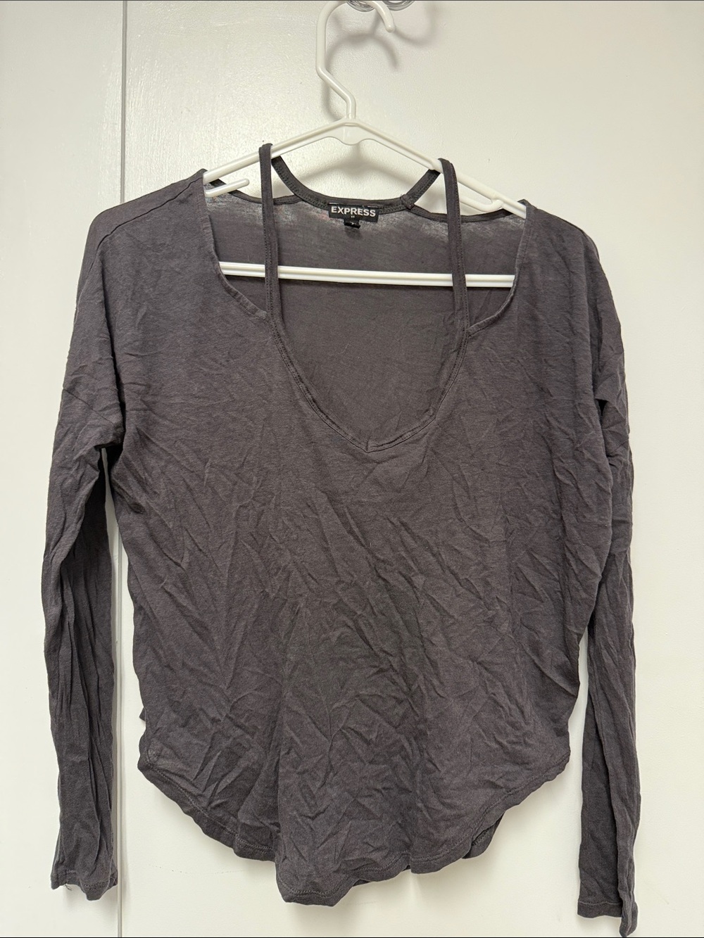 Express Women's Gray Long Sleeve V-Neck Top with Back Strap